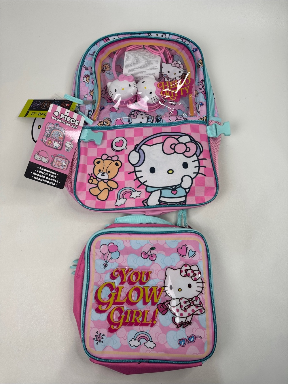Hello Kitty 4 piece backpack set Pink & Aqua Lunch Bag Accessories Set New NWT